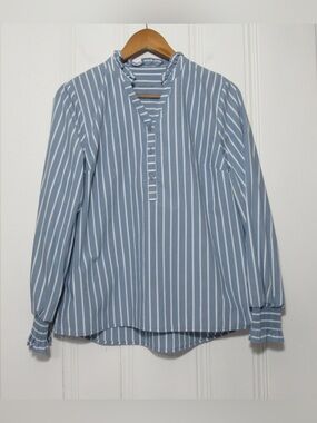 Studio Park Blue Striped Ruffle Collar Smocked Cuff Henley Top Size Small